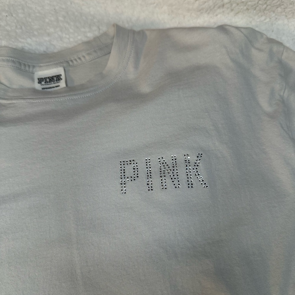 Victoria's Secret PINK Shine Bling Logo Light Gray Campus L/S Tee Shirt Small - Picture 3 of 7